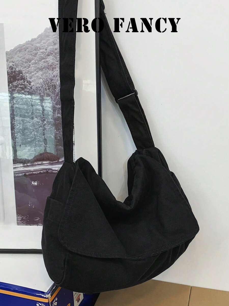 Crinkled Vintage Canvas Crossbody Shoulder Bag With Adjustable Wide Strap, Soft Slouchy Pleated Design, Spacious Main Compartment, Minimalist Relaxed Style, Daily Commuter Backpack For Students And Office Workers
