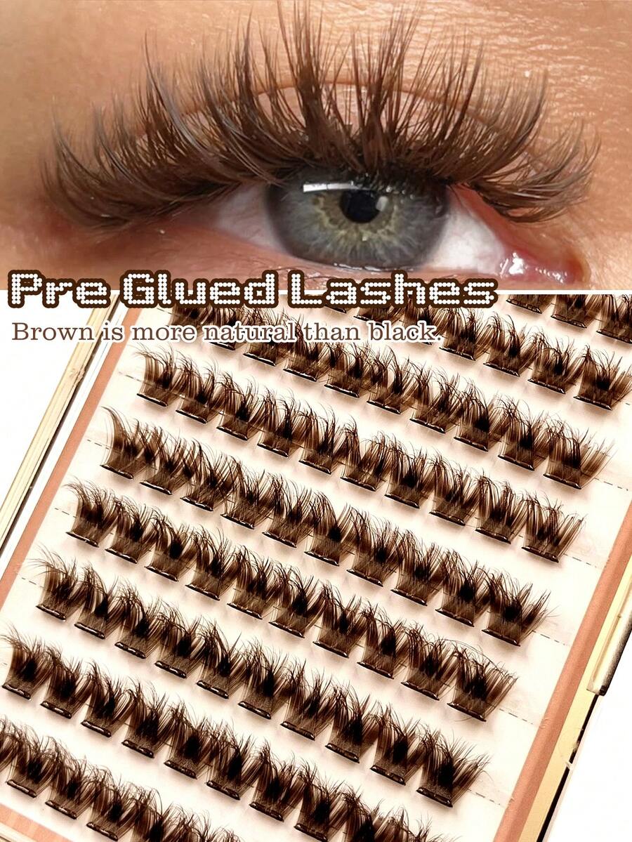 Sibeuna 100pcs D-Curl Fluffy Self-Adhesive False Eyelashes, Brown Glue-Free Reusable Pre-Glued Lashes, Suitable For Beginners, Mocha Brown, Dark Coffee And Soft Brown Alternatives To Traditional Pure Black, Creating A Soft And High-End "Pure" Makeup Look - D - View 1