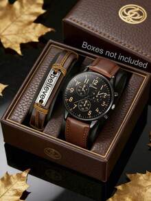 SOKI SOKI Men's 2-Piece Watch & Bracelet Gift Set, Chronograph Quartz Watch With Black Dial And Orange Numbers, Brown PU Leather Strap And Leather Bracelet, Vintage Large Dial Business Casual Watch Set, Suitable For Daily, Office, Holiday, Ramadan, Eid, Thanksgiving, Wedding, Banquet, Date, Christmas, Back To School, Party, Halloween, Easter And Other Occasions, Gift Box Not Included - Brown - View 9