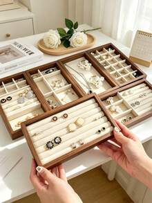6/1pc Wooden Velvet Jewelry Tray, Jewelry Storage & Display Tray, Drawer-Style Earring Storage Box, Stackable Jewelry Storage Tray, Multi-Functional Jewelry Display Tray, Portable Multi-Purpose Storage Box, Desk Drawer Organizer - Multicolor - View 4
