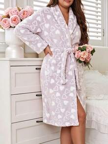 Plus Size Women's V-Neck Long Sleeve Flannel Thickened Robe Autumn Winter Elegant Heart Pattern With Waist Tie Loungewear - Grey - View 3