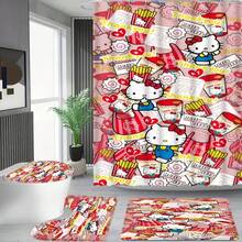 4pcs Cartoon Sanrio Family Bathroom Decor Set, Includes Non-Slip Bath Mat, U-Shaped Mat, Toilet Lid Cover, Shower Curtain And 12 Hooks, Waterproof, Washable, Non-Slip, Durable, Soft - Shower Curtain and Bath Mat - View 2