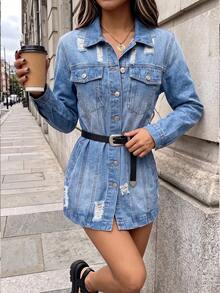 HAPPY GIRL#Spring Autumn Versatile Fashion Festival Holiday Daily Airport Outfit Distressed Denim Women's Casual Outdoor Washed Denim Jacket - Blue - View 4