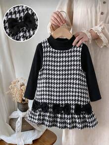 2pcs Baby Girl Classic Elegant Solid Color Small Stand Collar Long Sleeve Base Layer & Houndstooth Bow Hem Tank Dress Set, Spring/Autumn - Black - View 2