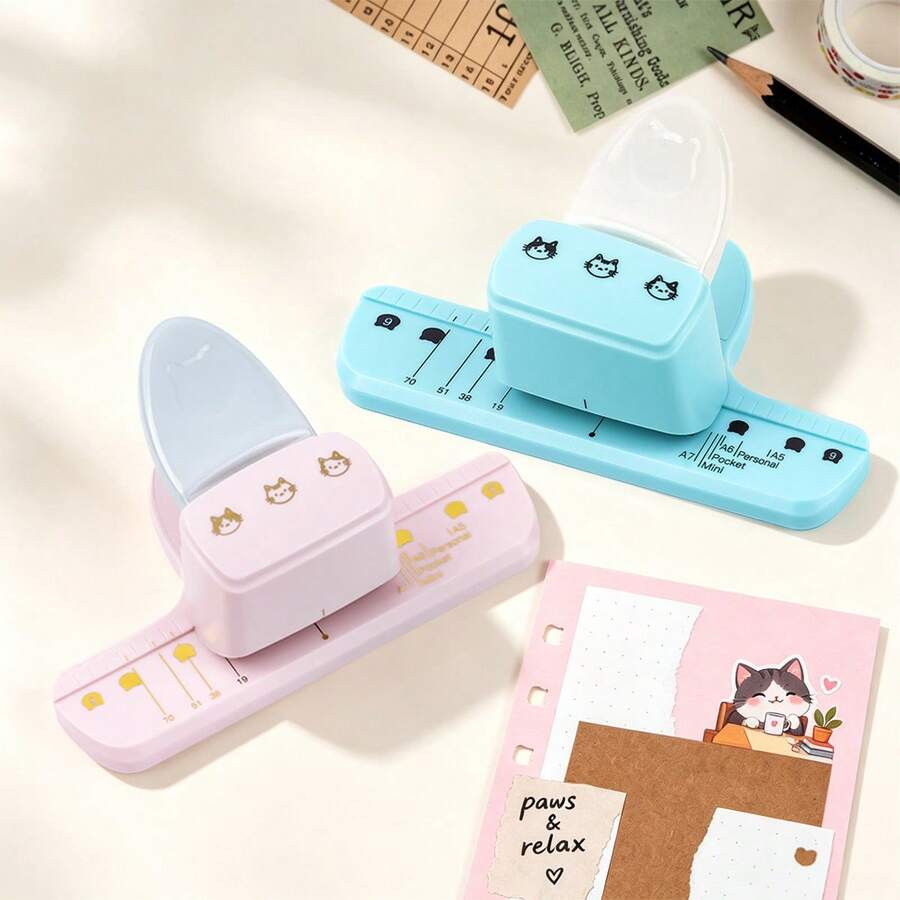 16x9.3x6cm Cute Cat Head 3-Hole Punch For Scrapbook Loose Leaf Paper, Blue/Pink Planner Hole Punch With Alignment Guide Compatible With A5,A6,A7,A8 Mini,B5 And Custom Sizes, Multi-Size Binder Refill Pages Punching Craft Tool