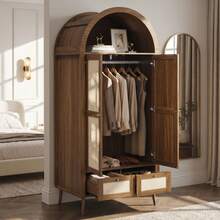Flieks Arched Wardrobe With 2 Doors & 2 Drawers, 180cm Tall Beige Rattan-Effect Double Wardrobe In Walnut Finish With Hanging Rail & Display Shelf - Walnut - View 7