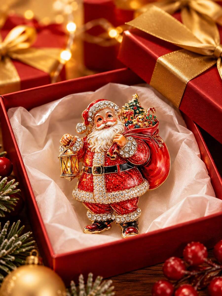 1pc Santa Claus Rhinestone Brooch, Vintage Red Lantern Gift Bag Christmas Tree Shaped Alloy Pin, Sparkling Rhinestone Holiday Clothing Accessory, Suitable For Coats, Suits, Sweaters, Scarves, Hats, Bags Decoration, Christmas Party, New Year Gathering, Winter Outfit And Holiday Gift - Multicolor - View 1