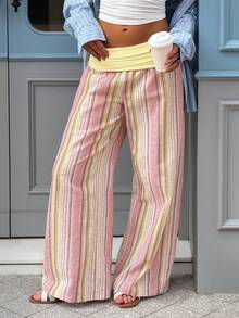 Minimalist Casual Y2K Cotton Colorful Striped Fold-Over Waist Loose Fit Daily Commute Date Vacation Multi-Occasion Women's Long Pants - Multicolor - View 3