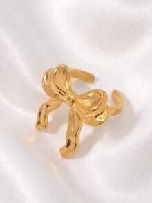 1pc Elegant Minimalist Feminine Cute Bow Ring Suitable For Daily Casual Wedding Party Wear - Gold - View 3