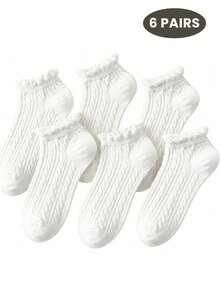 6 Pairs Women's Ruffle Ankle Socks, Cute Twisted Design, Solid Color Low-Cut Socks, Spring/Summer Thin Short Socks - Multicolor - View 10