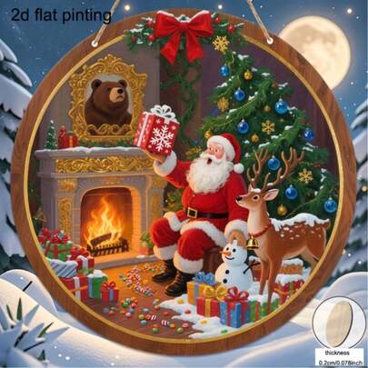 1pc 2D Flat Round Wooden Christmas Sign, Classic Santa Claus And Reindeer Christmas Wall Decor, Suitable For Front Door Or Wall Hanging, Christmas Holiday Decorative Plaque