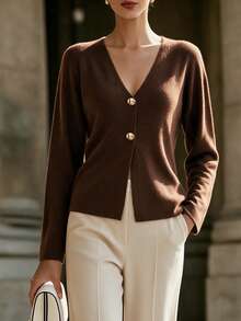 SEREN Fashion Women's Autumn/Winter Knitted Cardigan, V-Neck Long Sleeve Design With Button Details - Brown - View 1