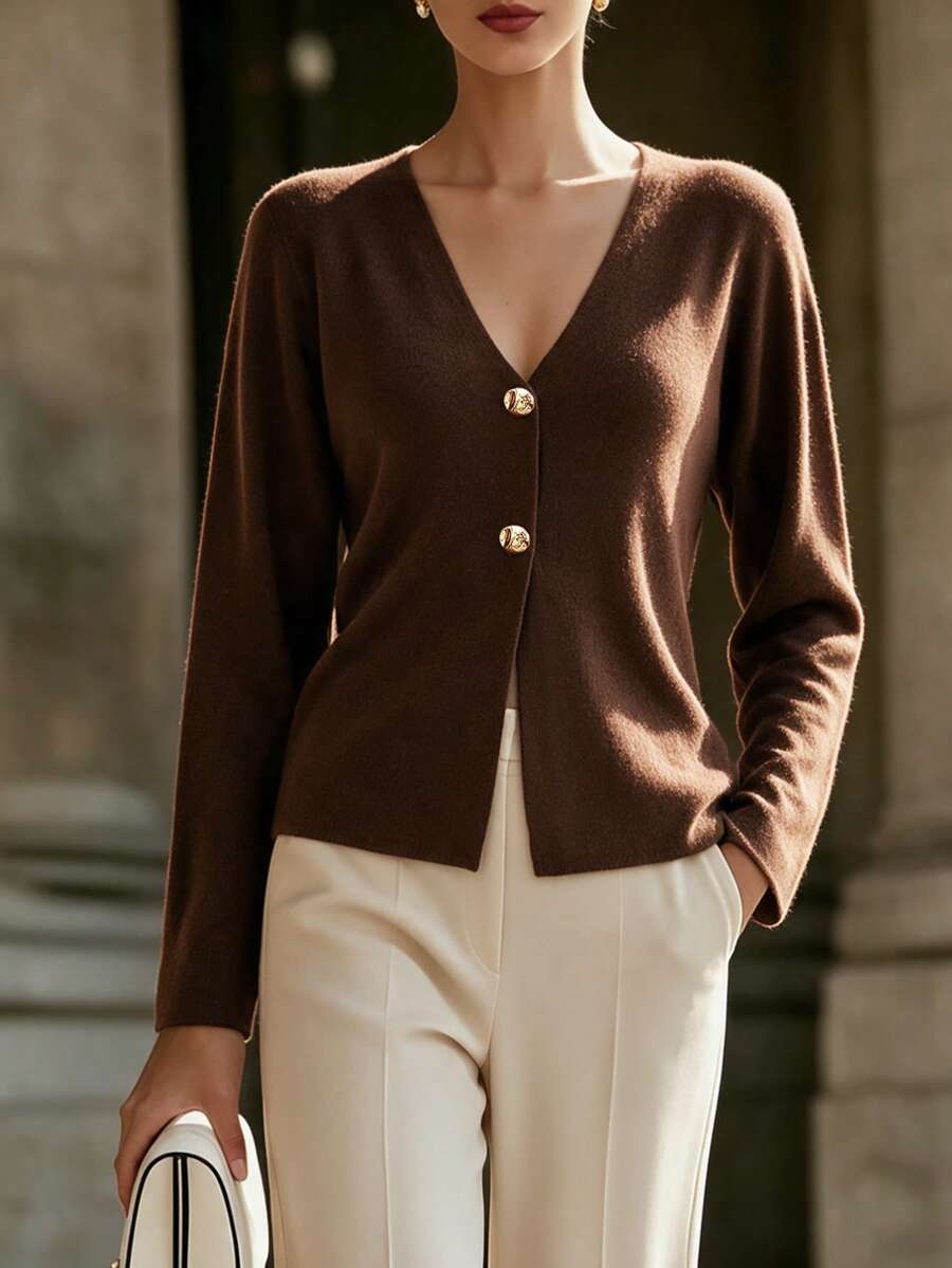 SEREN Fashion Women's Autumn/Winter Knitted Cardigan, V-Neck Long Sleeve Design With Button Details - Brown - View 1