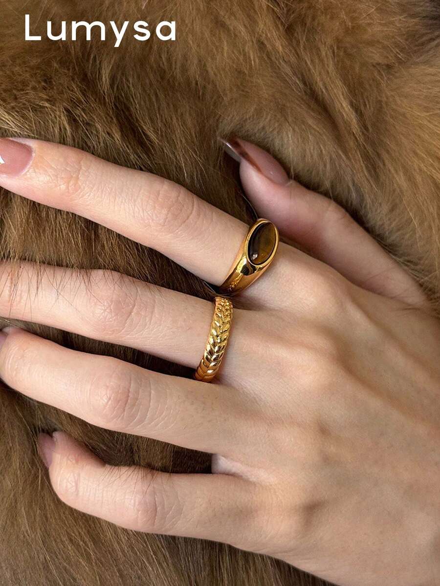 2pcs Vintage Old Money Style Tiger Eye Stone Rings Set, Suitable For Women's Daily Commute Wear - Yellow Gold - View 1