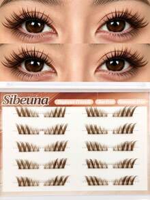 Sibeuna 10 Pairs Self-Adhesive Brown Half-Length Cat Eye False Eyelashes, Brown Tone Natural Thick Style, Dark Coffee Color, Transparent Stem, Outer Corner Style, Autumn Eyelashes, Suitable For Beginners, Back To School Travel Essential - Brown - View 3