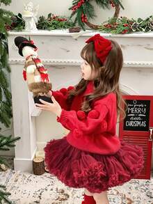 1pc Girls Cute Fancy Dreamy Sweet Princess Heavy Work Layered Ruffled Tulle Cake Skirt Tutu Skirt Birthday Gift Christmas Thanksgiving New Year Party All Season Wear - Burgundy - View 4