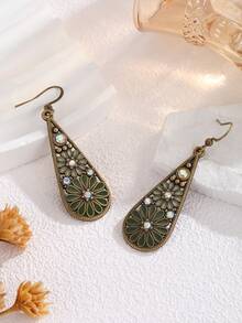 1 Pair New Creative Green Bohemian Style Geometric Rhinestone Water Drop Earrings, Unique Design With High-End Fashion Versatile Earrings For Women, Suitable For Daily Wear - Earring - View 3