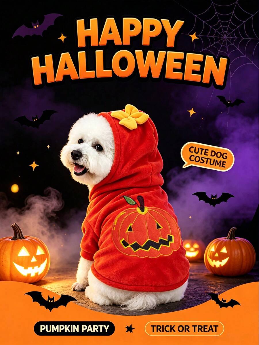 1pc Halloween Dog Clothes Pumpkin Pattern Hooded Jacket Dog Cat Sweatshirt Suitable For Cats And Small Dogs Halloween Gift Pet Clothes - Red - View 1