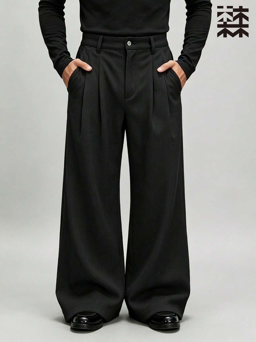 mulinsen Men's Textured Wide Leg Pants, Loose Drape Slimming Versatile Corduroy Suit Trousers - Black - View 1
