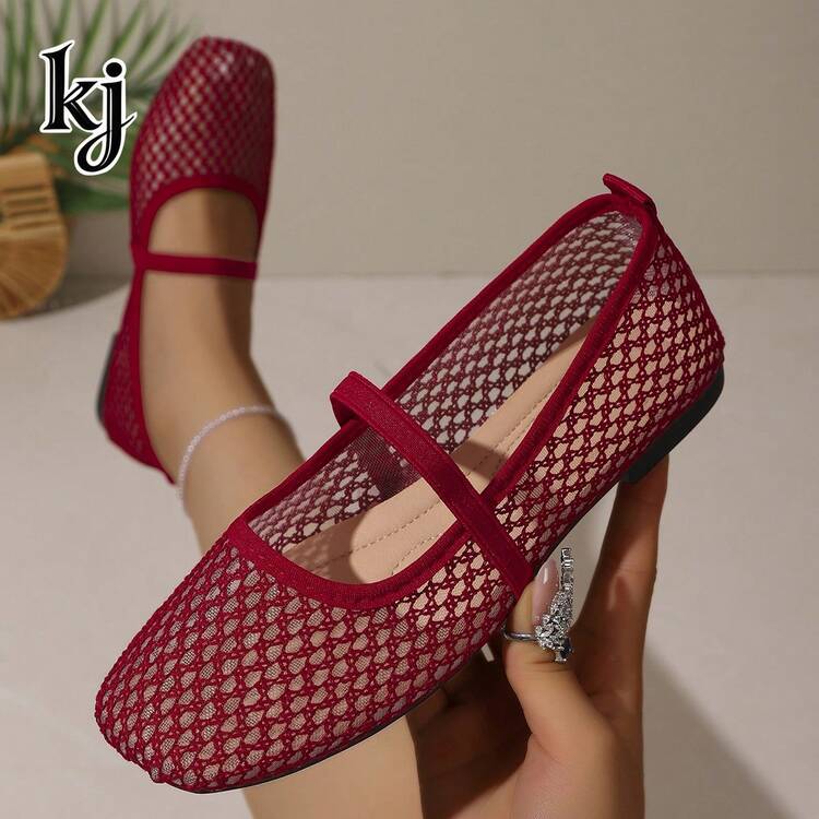 Women's Breathable Mesh Square Toe Mary Jane Flats, Elastic Strap, Lightweight And Soft, Suitable For Summer Daily, Beach, Shopping And Vacation - Bordeaux - View 13