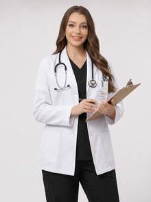 Plus Size Women's Long Sleeve Open Front Lapel 3 Pockets White Coat Regular Fit - White - View 4