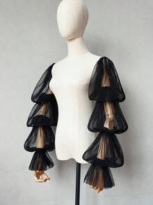 1pc Black Mesh Petal Sleeve 2-Piece Elastic Pleated 4-Layer Bridal Sleeve Covers - Multicolor - View 6