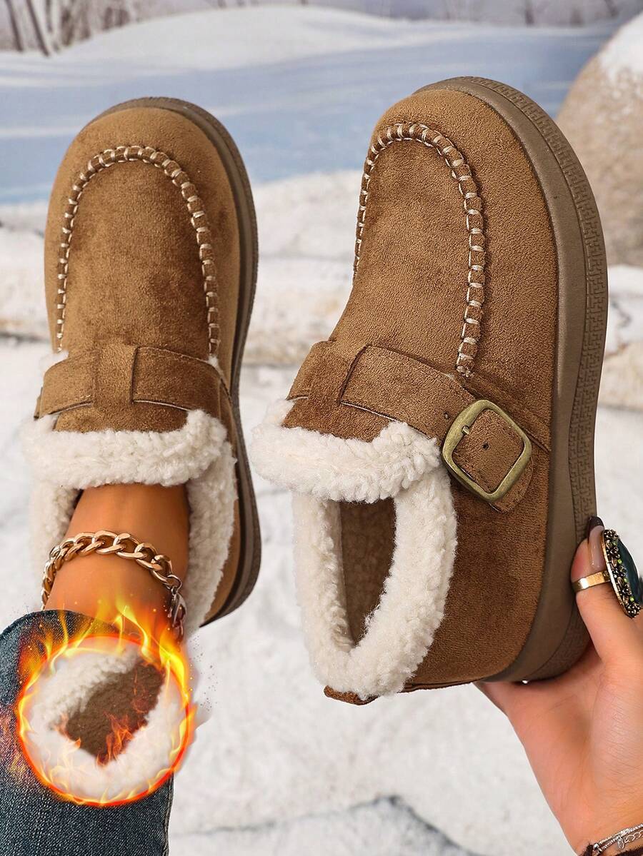 Women's Winter Thermal Lined Thickened Closed Toe Winter Shoes, Solid Color Drawstring Design Low Vamp Fashion Flat Bottom Snow Boots - Khaki - View 1
