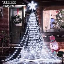 Christmas Outdoor Night Scene Decorative Lights, Solar Powered Christmas Tree Star Waterfall Lights. Top Features Exquisite Five-Pointed Star Light Head, 2M Specification, 9 Strands Of Light Lines With 198 LED Beads, Warm, Colorful, White Three Light Colors Available. Light Lines Naturally Drape To Form Waterfall Style, Presents Complete Christmas Tree Shape After Hanging, Excellent Atmosphere. - Christmas Tree Star Waterfall Lights - View 13
