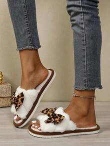 Girl Style Leopard Print Bow Plush Open Toe Fuzzy Slippers For Indoor Home Use - Brown - View 8