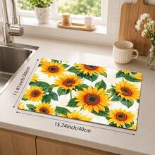1pc Yellow Sunflower Floral Kitchen Drain Mat Table Placemat, Green Leaf Plant Print Dining Table Mat Coffee Countertop Pad, Pastoral Farmhouse Style Desktop Decor Mat, Kitchen Dining Room Home Decor Accessory - Multicolor - View 12