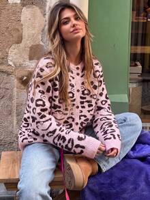 Women's Leopard Print Cardigan Sweater With Button Front, Loose Long Sleeve Knit Top Suitable For Autumn/Winter Outings, Weekends And Holidays - Pink - View 6