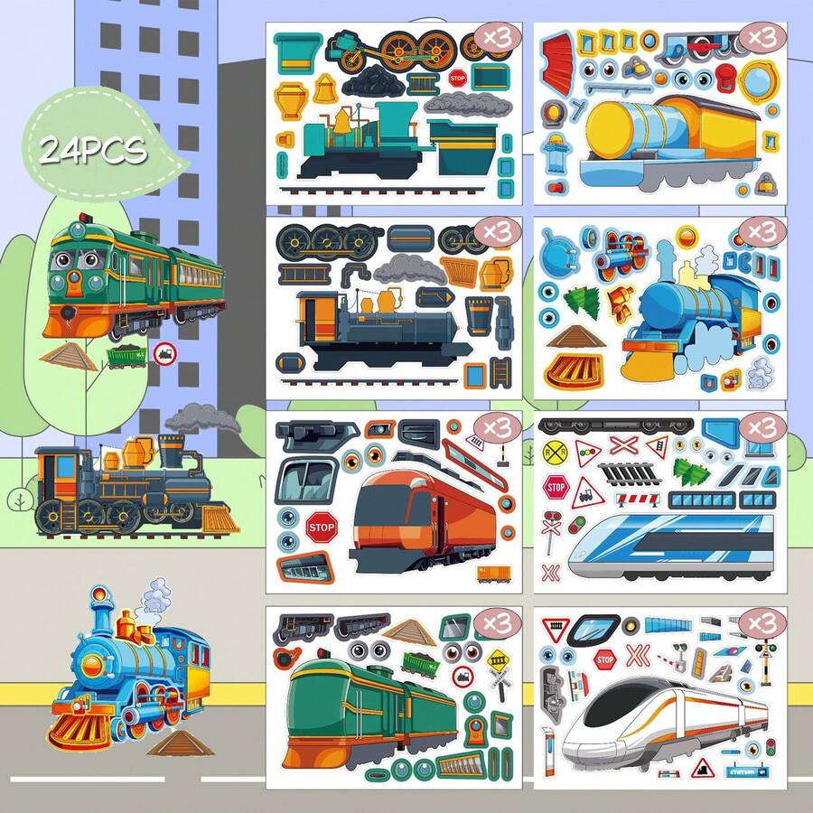 24pcs High-Speed Train DIY Children Stickers, Make A Face Design Train Image, Parent-Child Interactive Puzzle Toy, Develop Children's Brain, Holiday Party Gift, Gift Wrapping Sticker, Kindergarten Toy, Can Be Used For Home Decor, Stick On Table, Notebook, Balloon, Luggage, Refrigerator, Etc. - Mixed Color - View 1