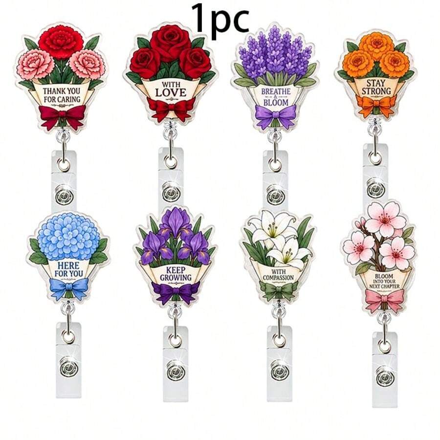 1pc Floral Retractable Badge Reel, Inspirational Flower Acrylic Rotating Badge Holder, Medical ID Clip, Souvenir - Multicolor - View 1