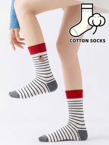1 Pair Cute Cartoon Bear Embroidered Round Mouth Socks, Striped Print Contrast Color Cuff And Toe, Soft Cotton Women's Socks - Multicolor - View 2