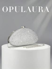 OpulAura 女款極簡貝殼盒型奢華閃亮水鑽晚宴手拿包，優雅迷人的晚禮服包，閃耀夜用女款手提包，雞尾酒會包，正式派對包，浪漫婚禮附鍊條手拿包 - 銀色 - 查看 2
