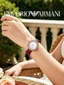 Armani Women's Leather Strap Wristwatch, Round Textured Bezel, Mother Of Pearl Dial, Crystal Hour Markers, Analog Quartz Watch, Party, Date, Wedding, Gift For Her - one-size - View 2