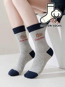 1 Pair Cute Lie Bear Pattern Socks, Grey Color Block Daily Socks, Y2K Academy Style Cartoon Bear Socks, Soft Mid-Calf Casual Streetwear Socks - Multicolor - View 4