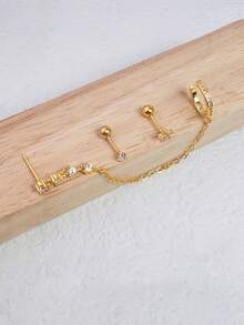 3件組精緻耳環套組 14K鍍金CZ鋯石吊墜鏈條耳釘與耳圈耳環 低過敏耳洞飾品 女款日常派對禮物 - 金色 - 查看 4
