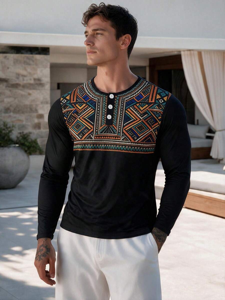 Men's Vintage Geometric Chest Print Henley Collar Long Sleeve T-Shirt - Multicolor - View 1