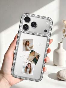 CICIBER 1pc Customized Electroplated Rhinestone Romantic Couple Photo, Love Phrase Text Personalized Phone Case, Suitable For Daily, Wedding, Anniversary, Pet, Family Photos, Printed On 2-In-1 Glossy Protective Hard Shell Phone Case, Compatible With IPhone 11/12/13/14/15/16/17/18 Pro Max, International Version, Not Domestic Version, Couple Phone Case - Silver - View 4