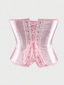 ApperlothPOP Gothic Retro Black 2 Pieces Set: Fishbone Front Metal Buckle Corset Top + Thong, Date Night, Halloween, And Daily Subculture Outfits - Pink - View 4