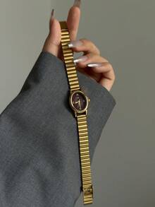 1件金色橢圓形女款石英手錶，深紅色錶盤配羅馬數字刻度，小巧優雅，適合日常佩戴 - 金色 - 查看 5