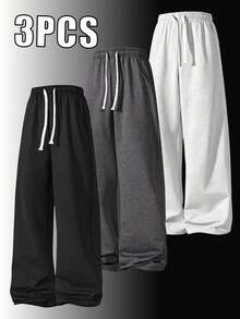 3pcs Men's Loose Fit Casual Curved Leg Sweatpants, Minimalist Solid Color Wide Leg Design, Drawstring Waist, Large Pockets, Suitable For Daily Wear, Walking, Working, Outdoor Activities. Perfect Father's Day Gift For Dad - Multicolor - View 9