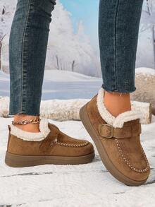 Women's Winter Thermal Lined Thickened Closed Toe Winter Shoes, Solid Color Drawstring Design Low Vamp Fashion Flat Bottom Snow Boots - Khaki - View 5