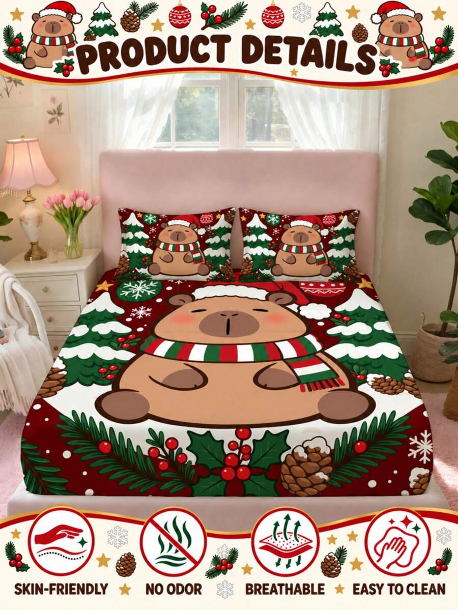 2/3pcs Christmas Cute Capybara Pattern Fitted Sheet Set, Soft Comfortable Breathable, Suitable For All Seasons, Fits All Bed Sizes (Twin/Full/King/Queen), Deep Pocket Design, Suitable For Bedroom, Dorm, Hotel, Machine Washable - Multicolor - View 1
