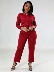 Women's Solid Color Baseball Jacket, Sports Top With Pockets, Outdoor Camping Sports Two-Piece Set, Drawstring Sports Jacket Spring Red Elegant - Red - View 3