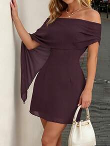 Women Elegant Off‑Shoulder Mini Dress, Chiffon Draped Ruffle Bodycon Short Party Dress - Red Violet - View 7