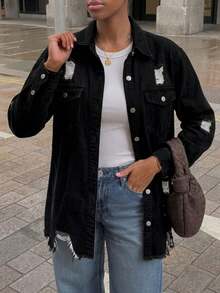 Women's Distressed Denim Shirt Jacket Outerwear - Black - View 6