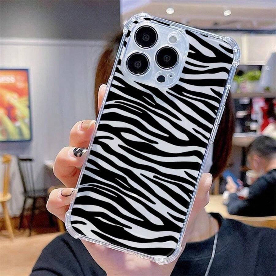 1件裝 黑粉斑馬紋個性化全包覆 TPU 防震手機殼,適用於 Apple 16 15 14 13 12 11 Pro Max - 彩色 - 查看 1