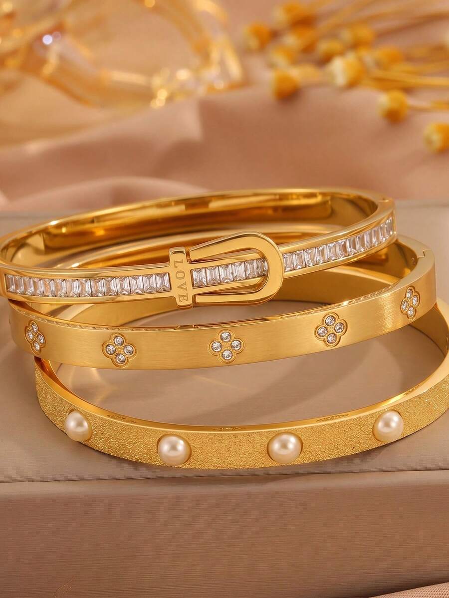 3/1pcsGold-Tone Stainless Steel Bangle, Matte Pearl, Rectangular Zirconia & Clover Embellishment, Elegant Statement Adornment - Gold - View 1
